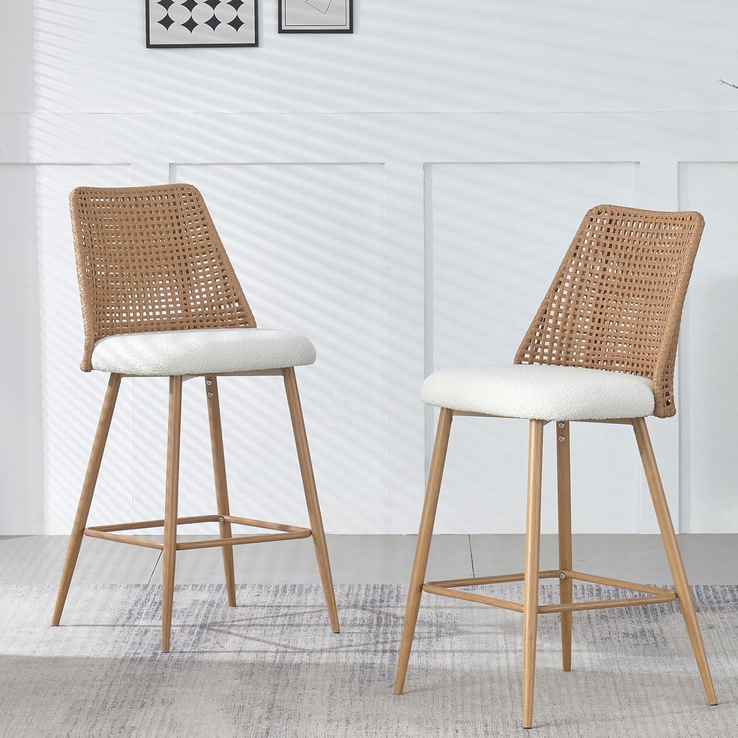 Nice Boucle Counter Stool Set Of 2,Beige Upholstered Rattan Counter Stool,27 Inch Stools With Back for Kitchen Island-Maison Boucle