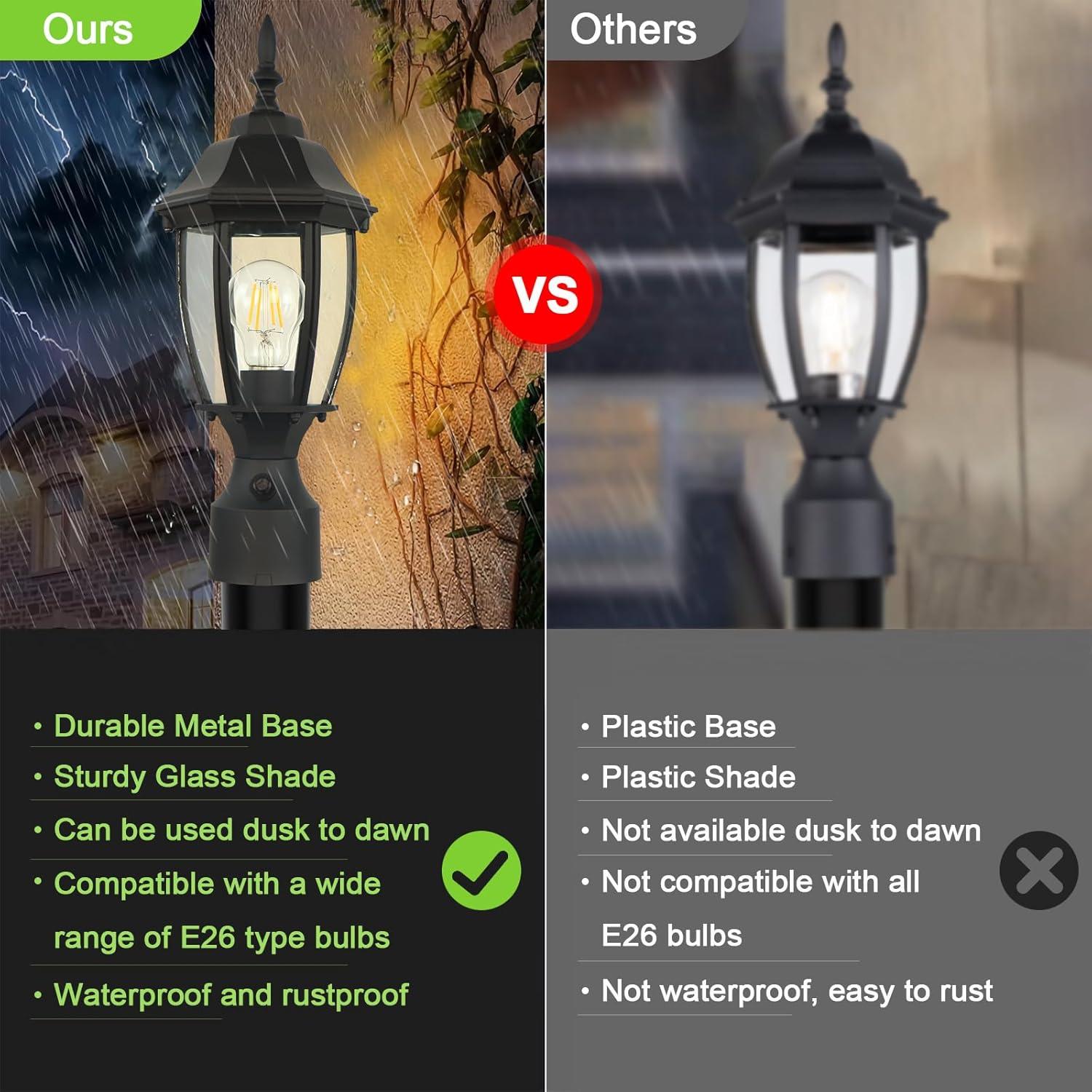 Black Metal Dusk to Dawn Outdoor Post Lights with Clear Glass, 2-Pack