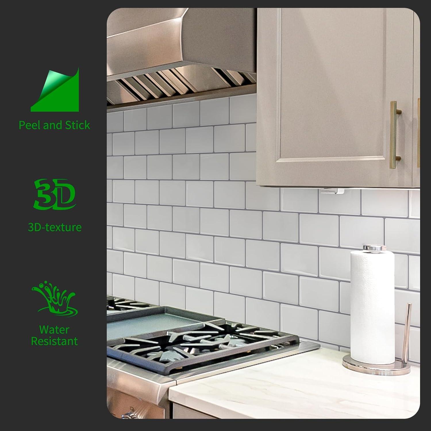 Art3d Peel and Stick Backsplash Tile, 10-Sheet Stick on Subway Tiles for Kitchem, Bathroom Back Splashes, 12"x12", Warm White with Black Grout