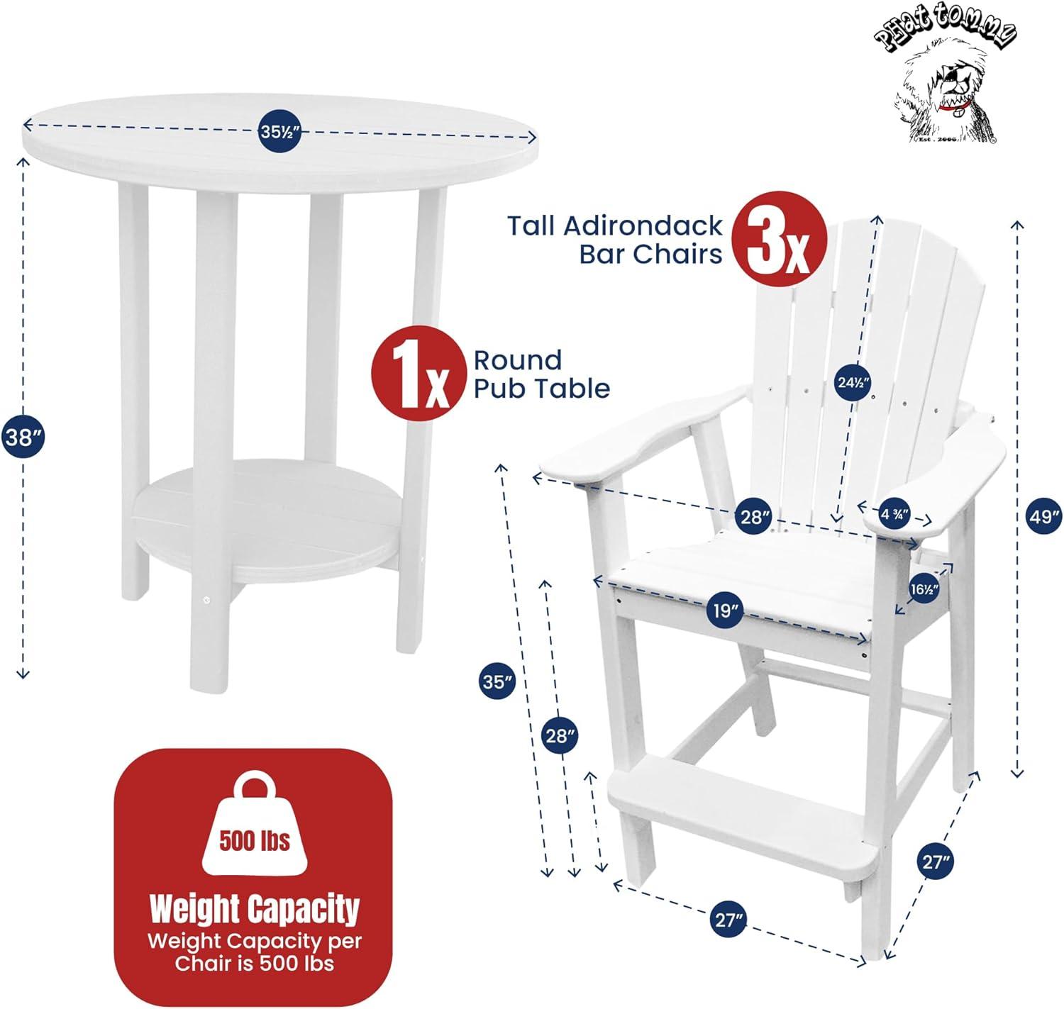 Phat Tommy Outdoor High Top Table and Chairs - Tall Patio Bar Set with 3 Chairs & Round Pub Table - Recycled Poly HDPE Furniture - Waterproof, Fade-Resistant - Made in USA - Multiple Colors