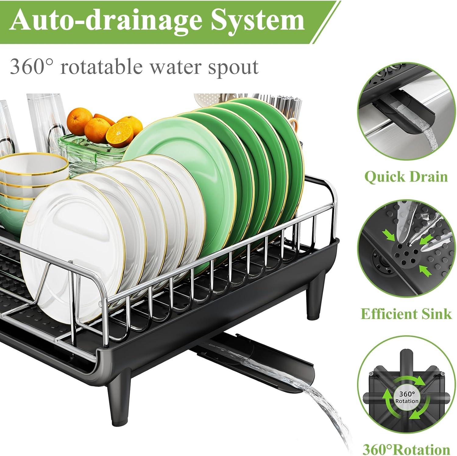 Large Black Metal Dish Drying Rack with Utensil Cup