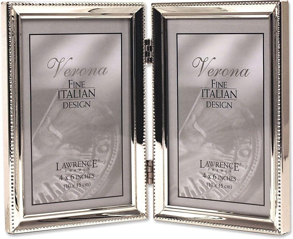 Lawrence Frames Polished Silver Plate 4x6 Hinged Double Picture Frame - Bead Border Design