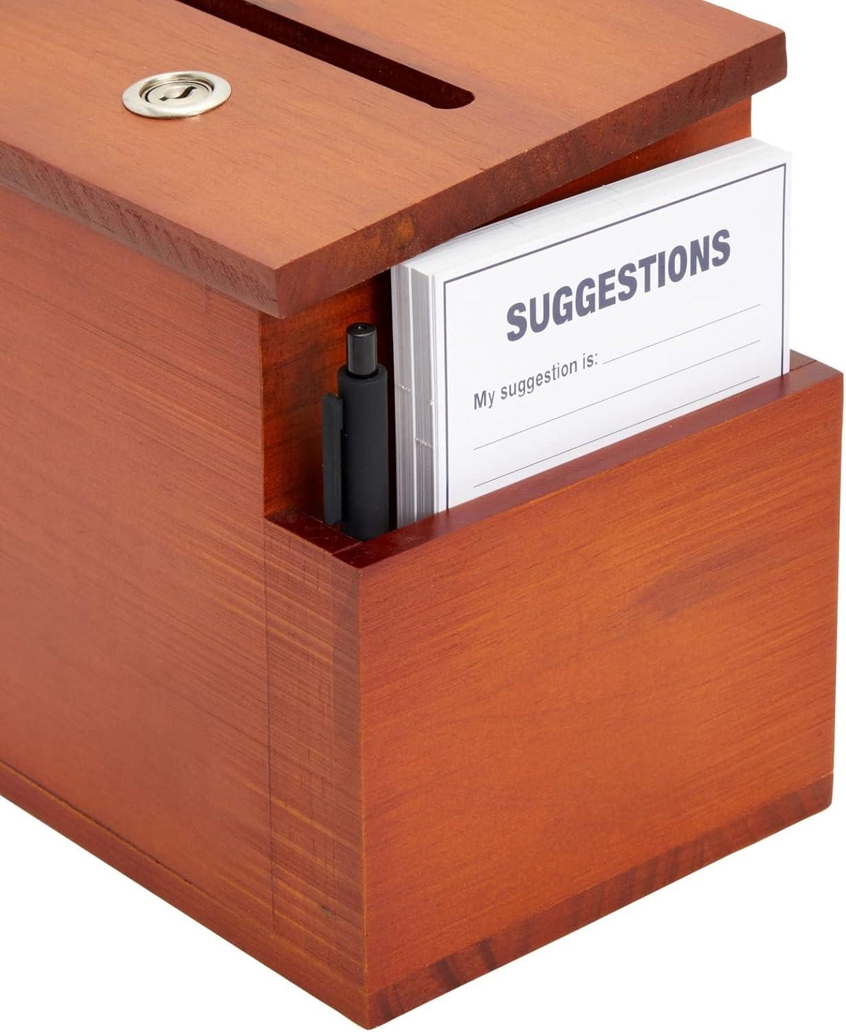 Juvale Wooden Suggestion Box with Lock and Keys, Brown Ballot Box with 50 Blank Suggestion Cards, Locking Lid and Side Slot for Donation, 7.5x7.1x5.5"