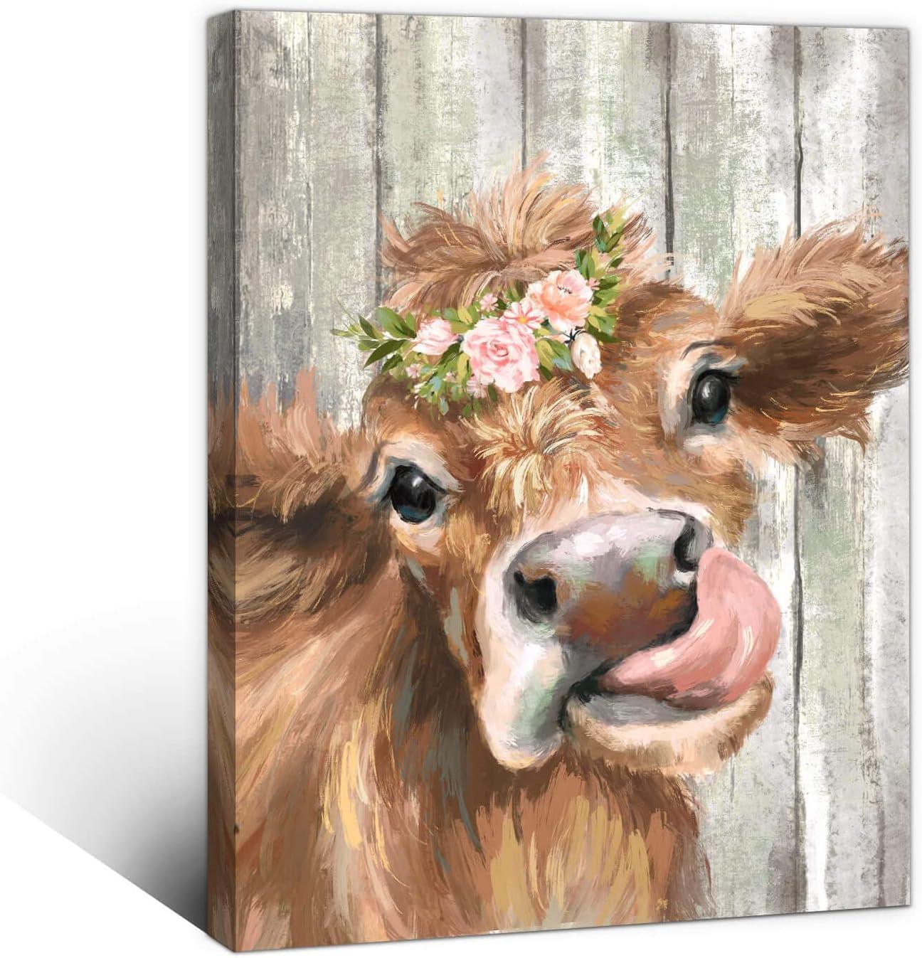 Framed Rustic Cow Canvas Print with Floral Crown