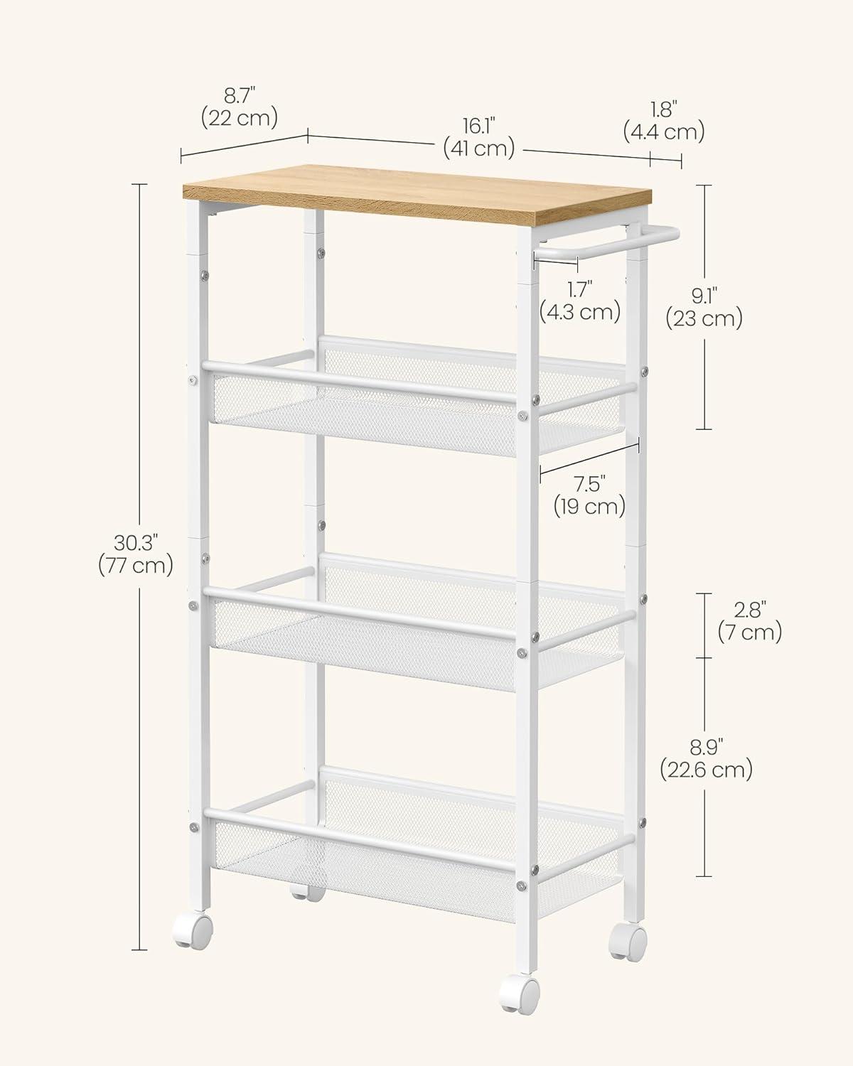 Oak Beige and White 4-Tier Industrial Kitchen Cart with Storage