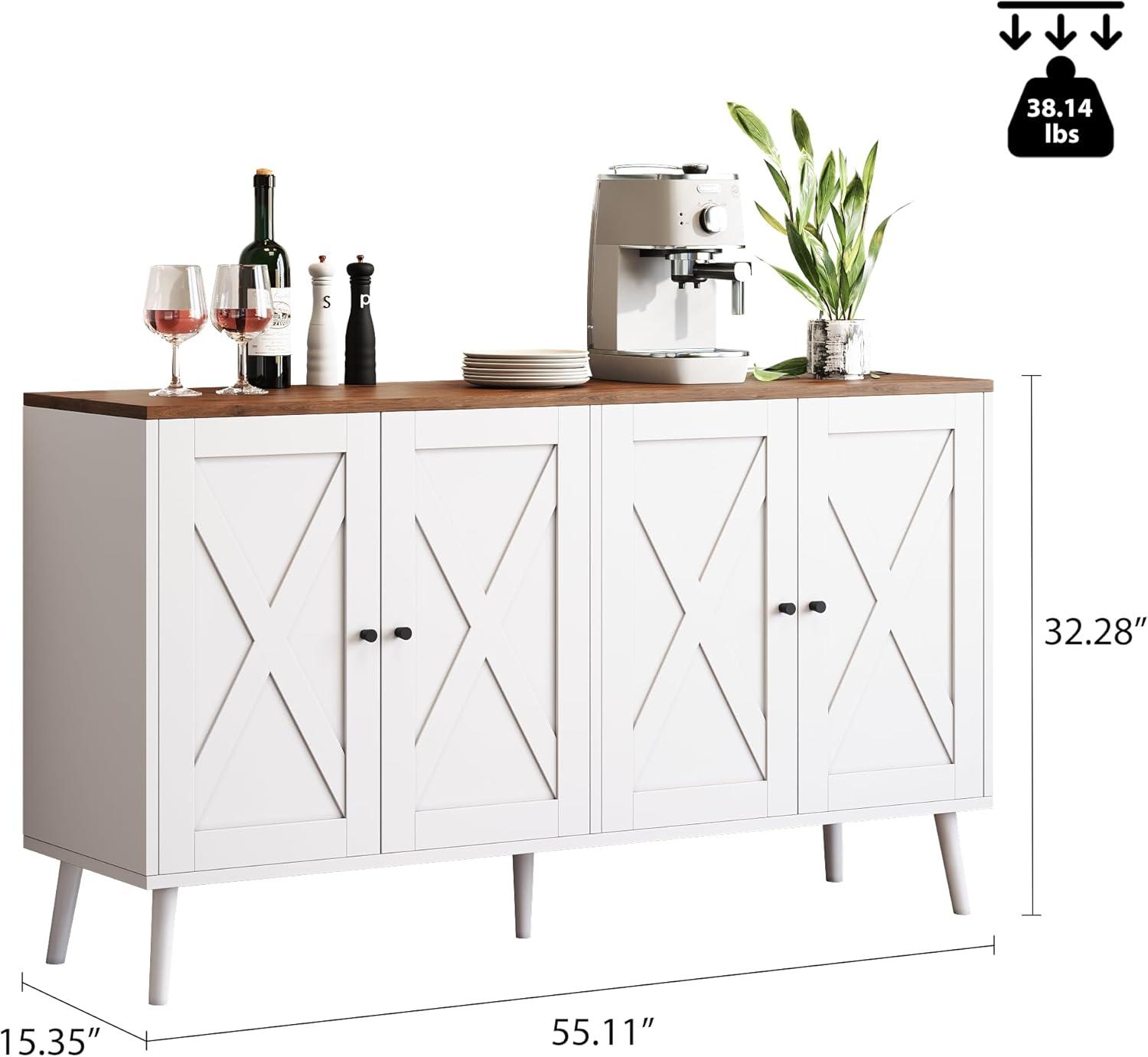 55'' Sideboard Buffet Cabinet with Storage, Farmhouse Kitchen Storage Cabinet with 4 Doors, Large Wood Coffee Bar Cabinet with Adjustable Shelfs for Kitchen, Living Room, White Brown