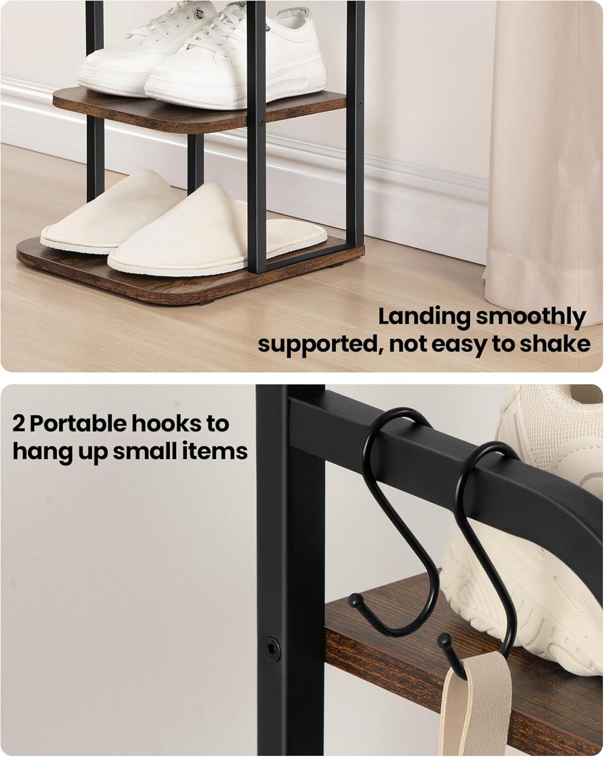 Vertical Shoe Rack, Shoe Shelves, Wood Shoe Organizer For Closet, Entryway, Shoe Tower For Small Spaces, Free Standing, Adjustable, With 2 Hooks, 6 Tier Rustic Brown