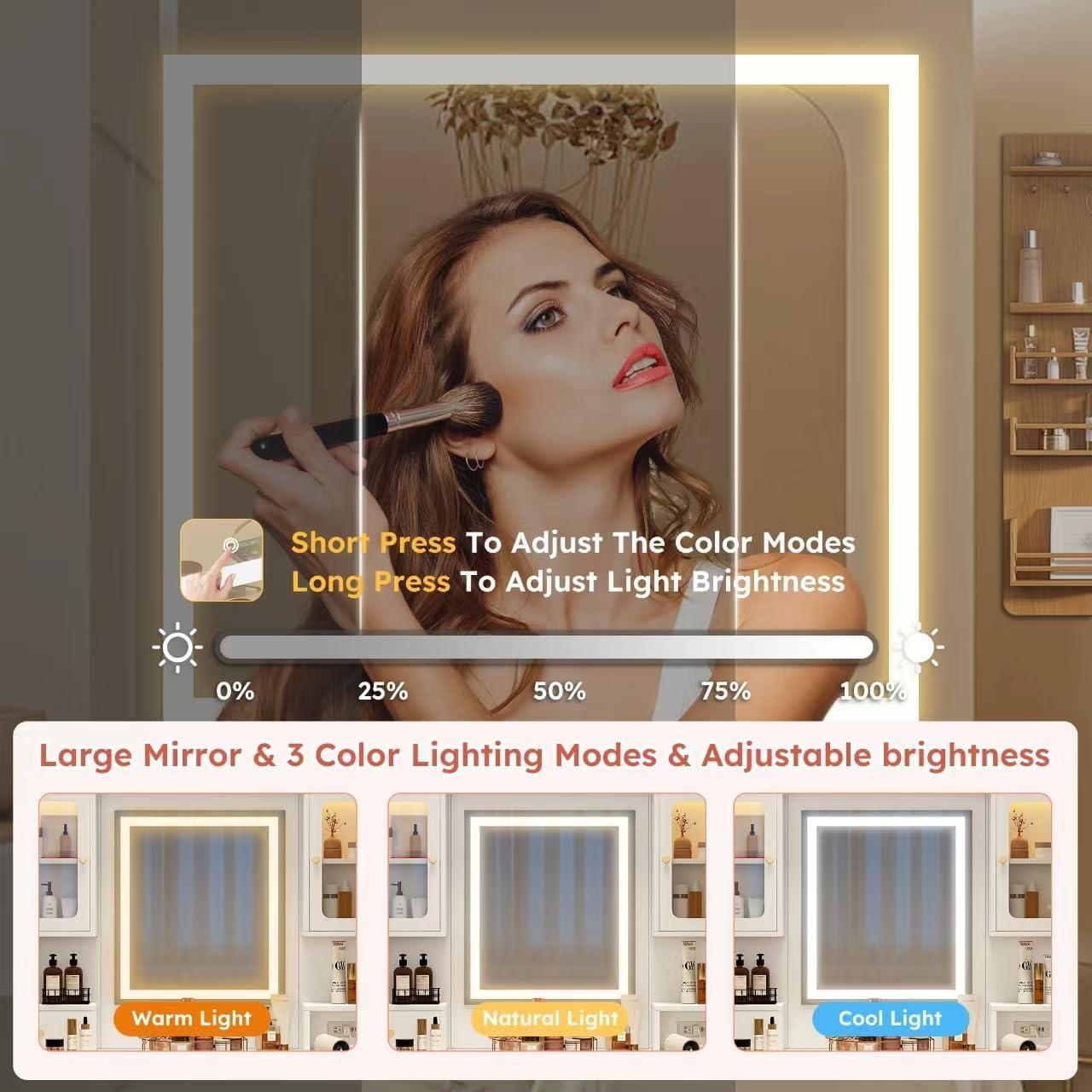 MONTARY Makeup Vanity Desk with Mirror and Lights, Dressing Table , White Vanity Table Set with 6 Drawers & Shelves & 4 Cabinets, 3 LED Lighting Modes Brightness Adjustable