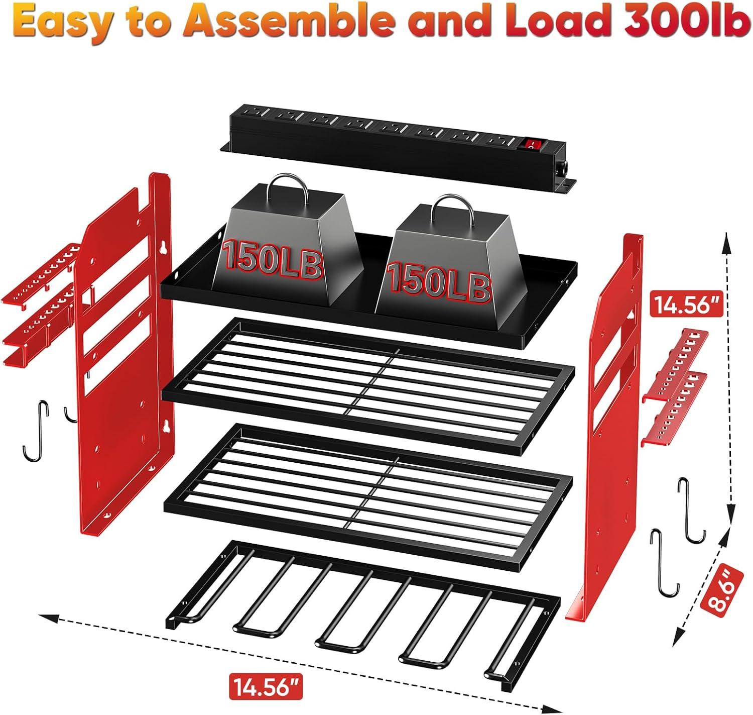 Heavy-Duty Red Metal Power Tool Organizer with Charging Station