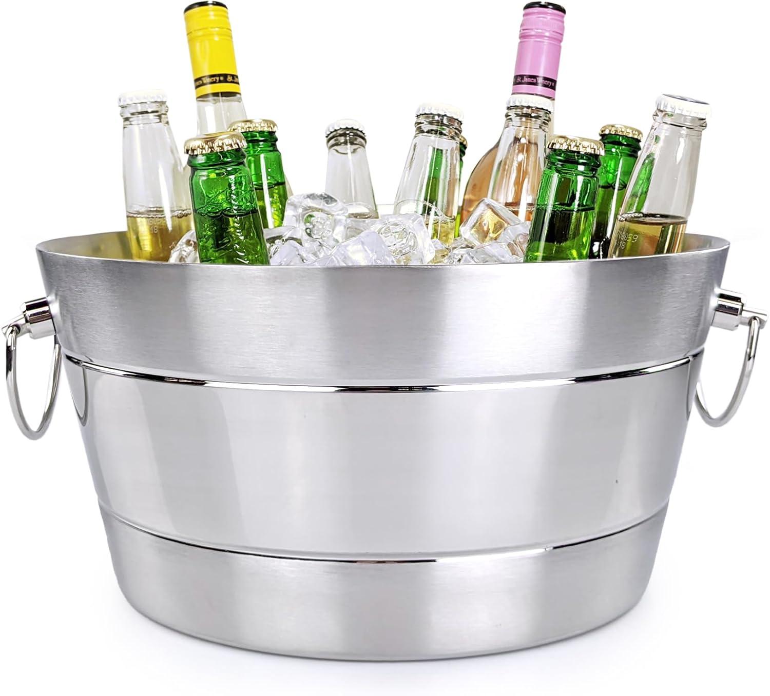 BREKX Anchored Ribbed Stainless-Steel Beverage Tub, Wine and Beer Bucket - 14"W x 6.75"H