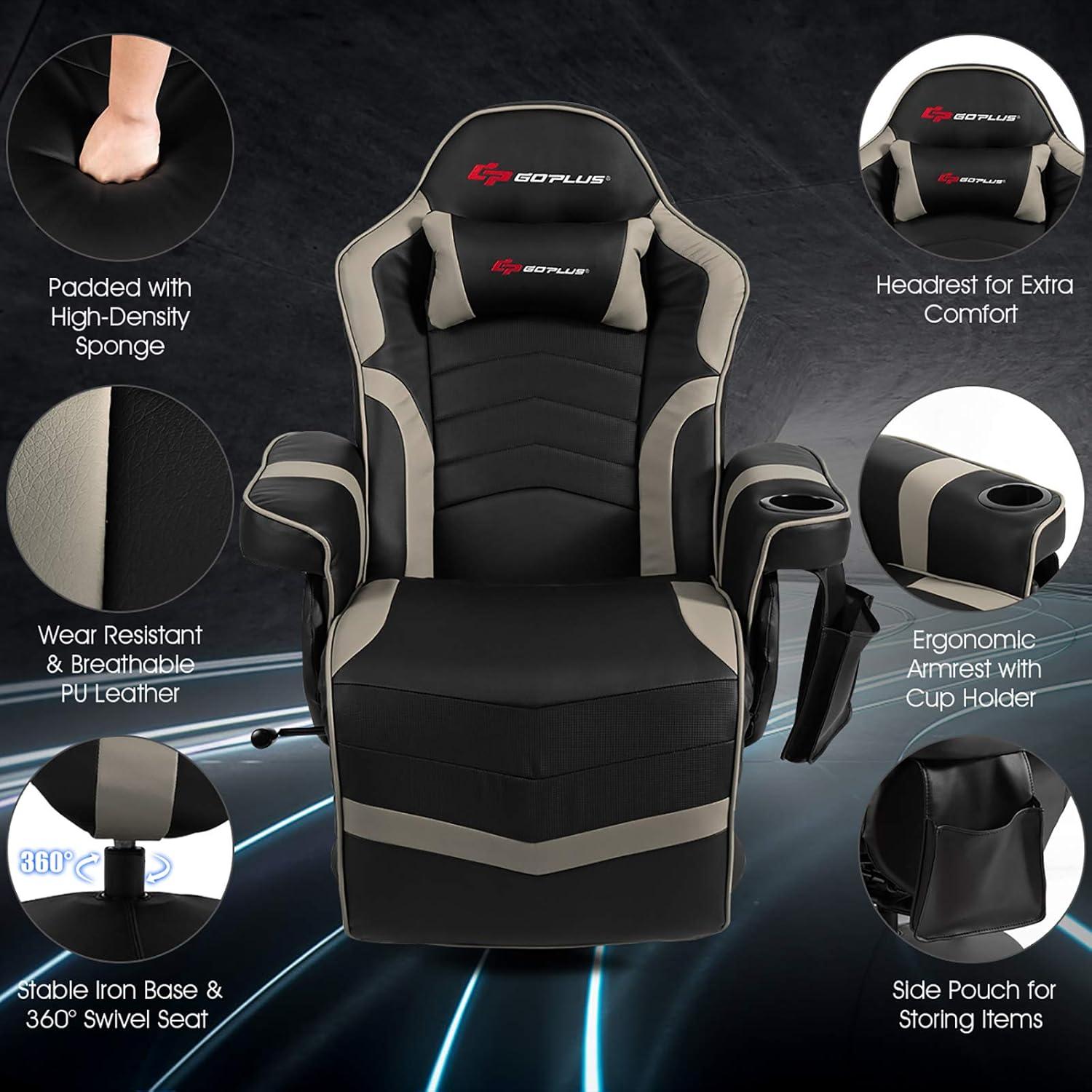 Costway Massage Gaming Recliner Reclining Racing Chair Swivel Gray