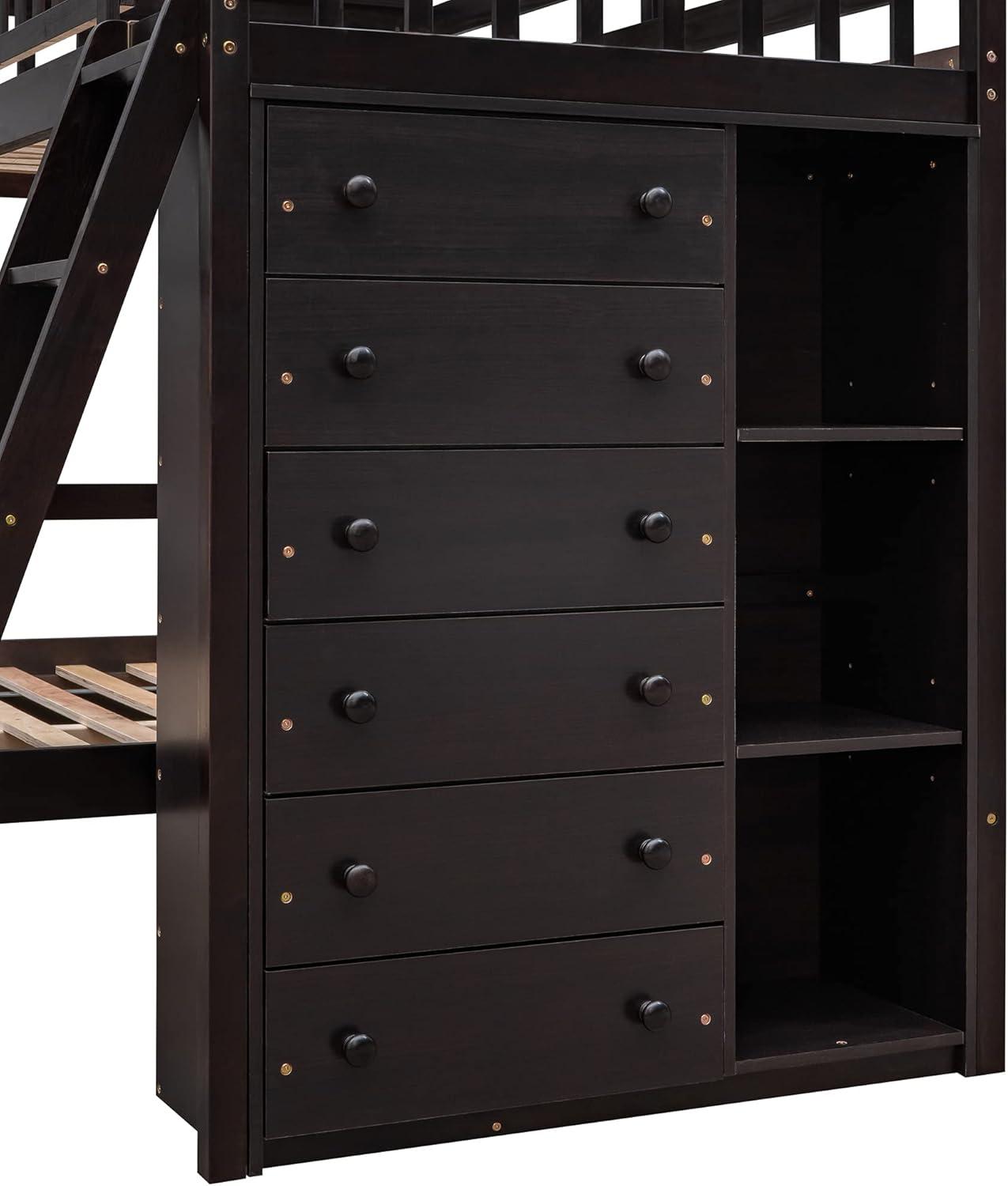 Twin Over Full Loft Bunk Bed with Storage 6 Drawers Chest and 3 Shelves Bookcase Wood Bunked Beds Frame for Kids Boys Girls Teens, Espresso