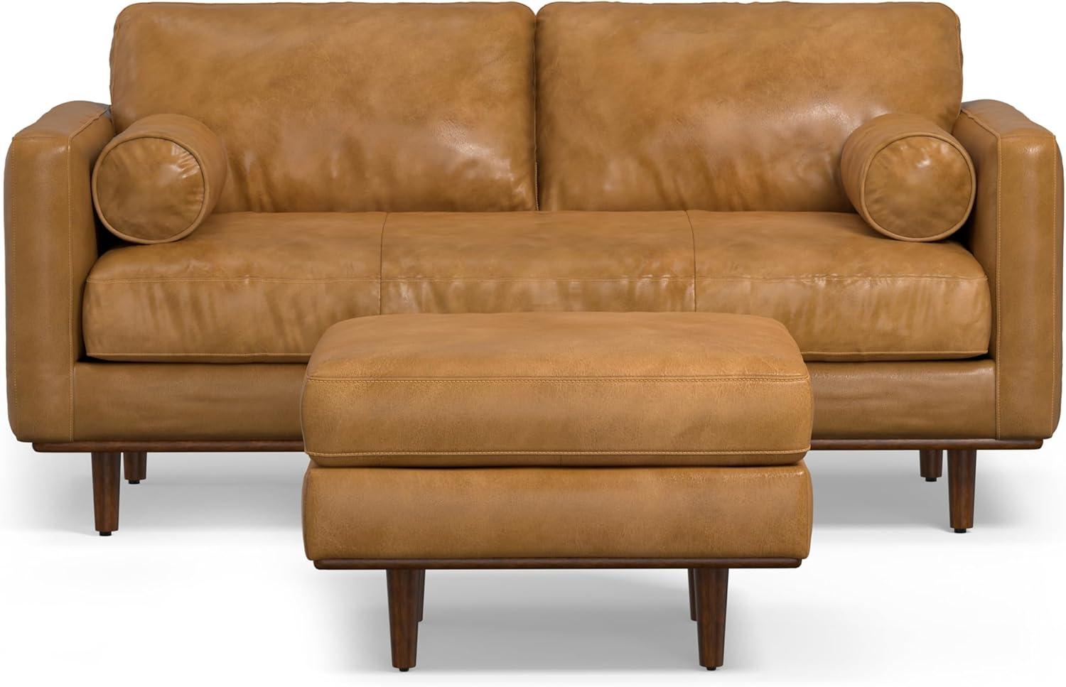 Simpli Home Morrison  Sofa and Ottoman Set in Genuine Leather