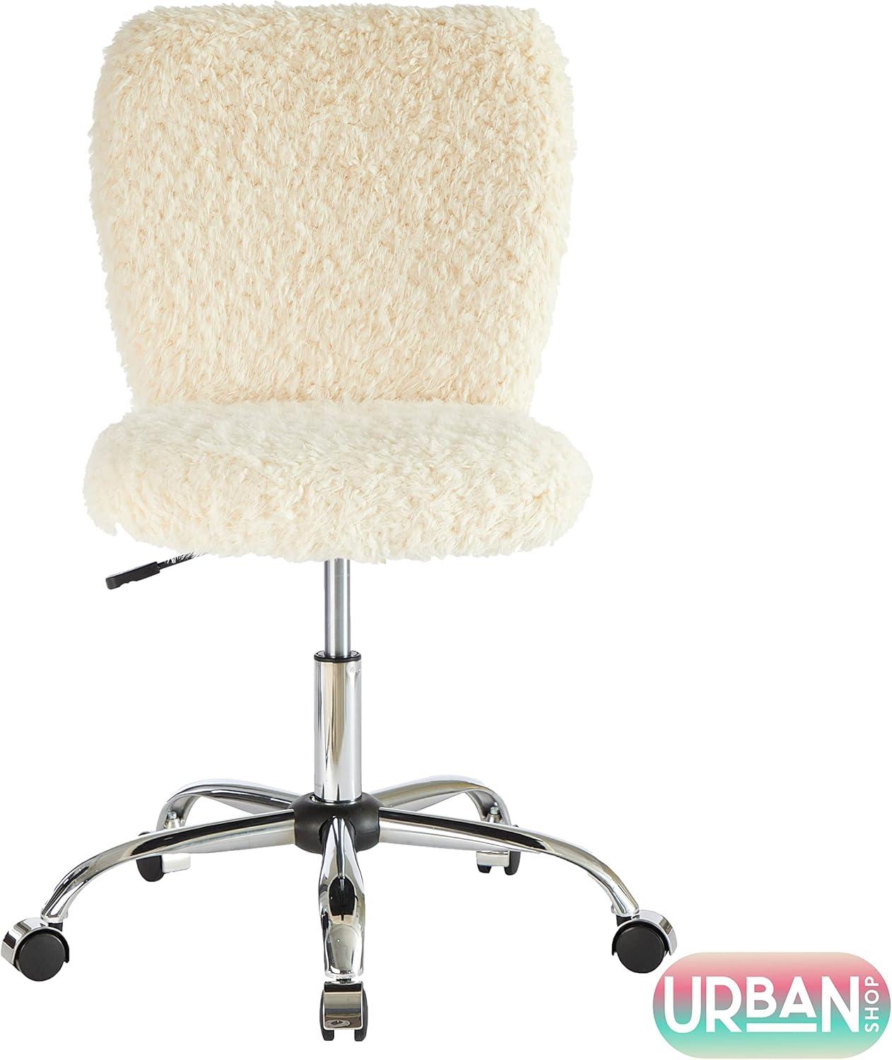 Urban Shop Polyester Faux Fur Armless Swivel Task Office Chair, White, Adjustable Height, Mid Back