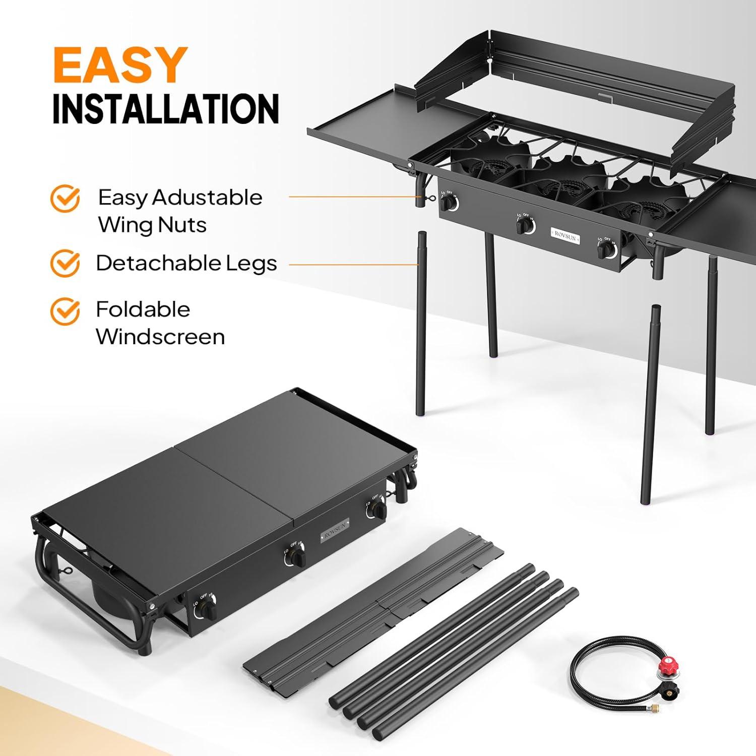 ROVSUN 3-Burner Black Cast Iron Outdoor Propane Stove with Side Shelves