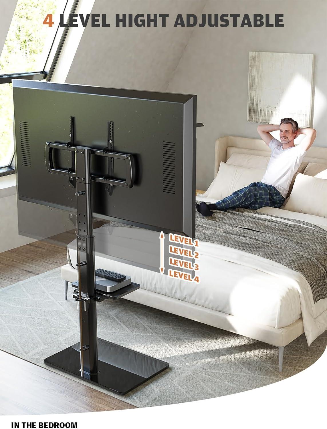 Hemudu Universal Floor TV Stand with Swivel Bracket and 2 Shelves, Black