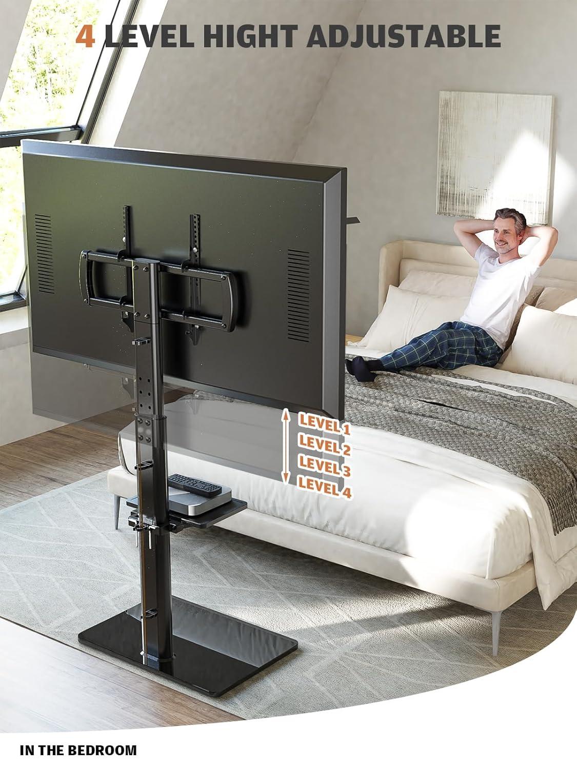 Hemudu Universal Floor TV Stand with Swivel Bracket and 2 Shelves, Black