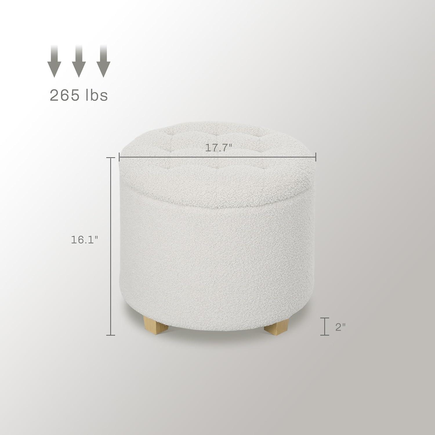 HOMCOM 18" Round Ottoman with Storage, Teddy Fleece Button Tufted Bedroom Stool with Removable Lid and Wood Legs for Living Room, Hallway, White