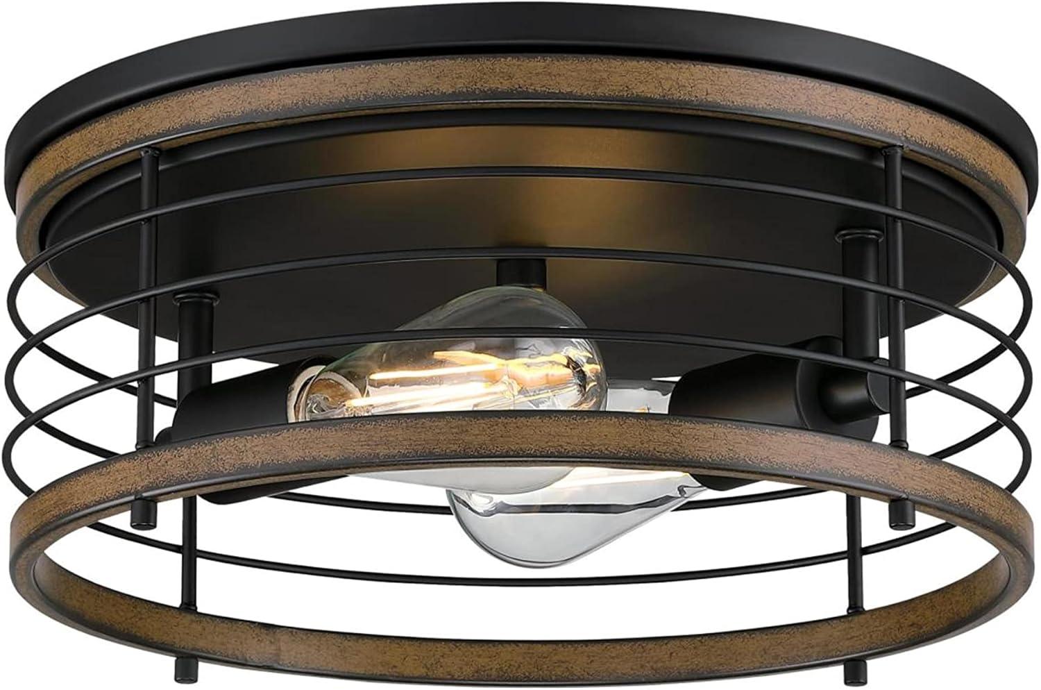 Matte Black and Barnwood 13" Flush Mount Drum Ceiling Light