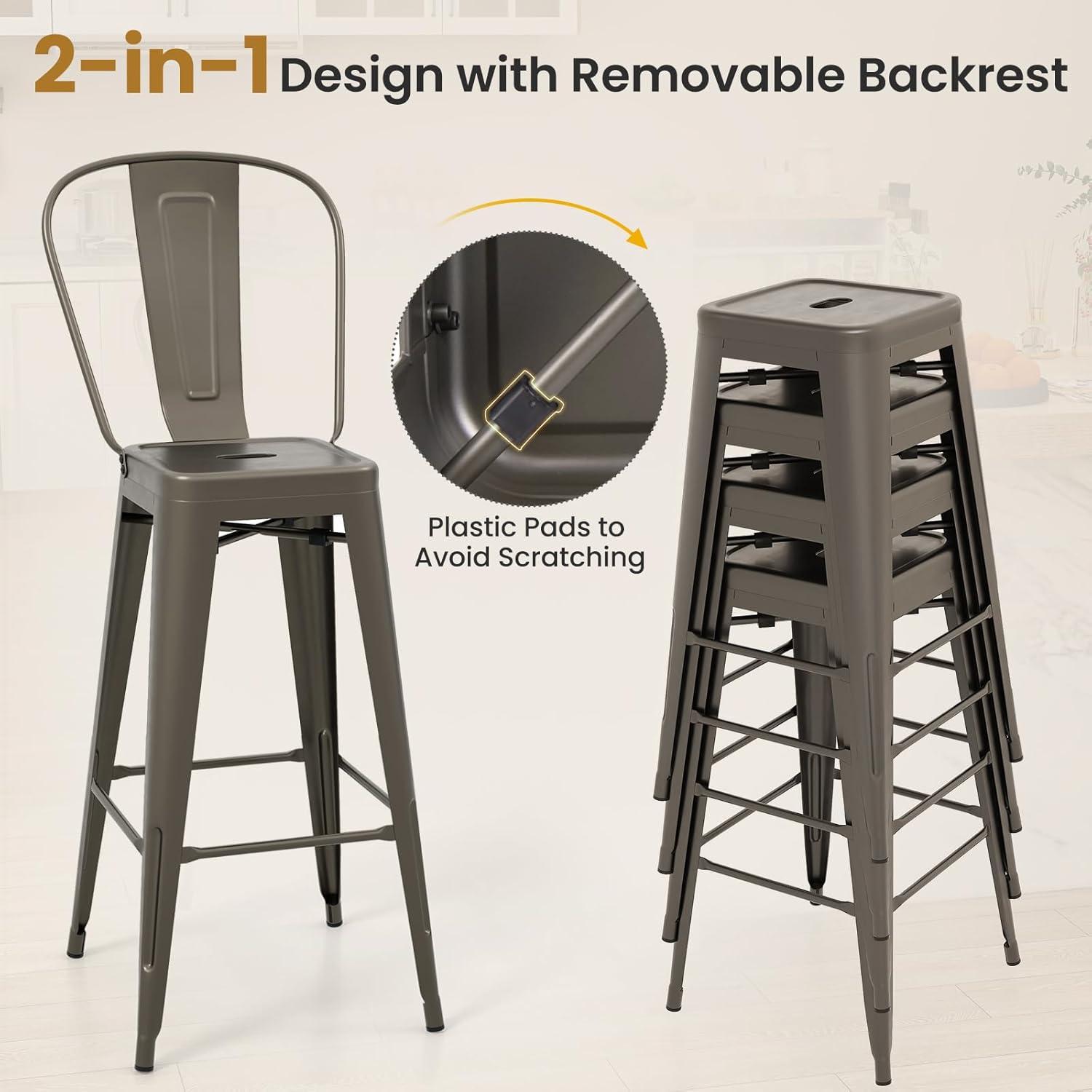 Costway Set of 4 High Back Metal Stool 30'' Seat Bar Height Industrial Bar Stools Gun/Black