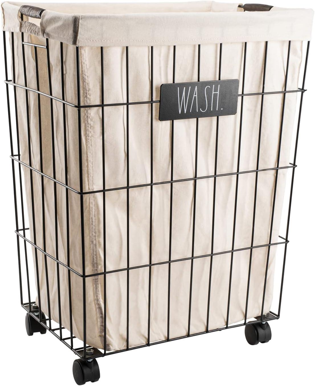 Black Metal Wire Laundry Hamper with Beige Cloth Liner and Wheels