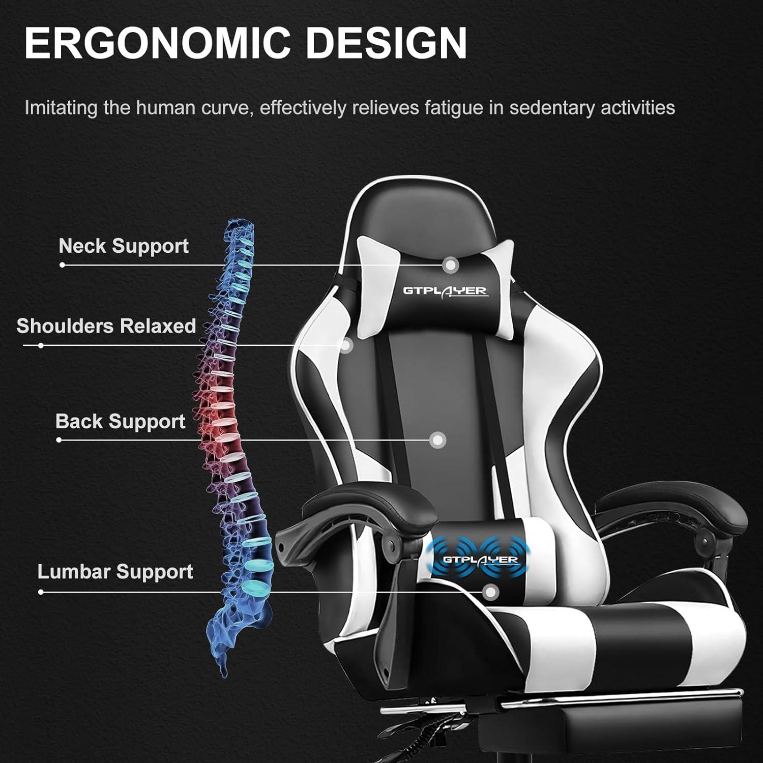 White and Black Ergonomic Gaming Chair with Footrest and Lumbar Support