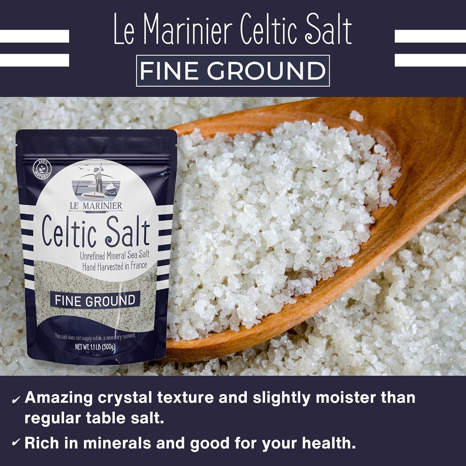 Le Marinier Celtic Salt Fine Ground, 1.1lb - 18oz. Unrefined French Sea Salt 100% Natural, Hand Harvested Mineral Celtic Salt (1.1lb Fine Ground)