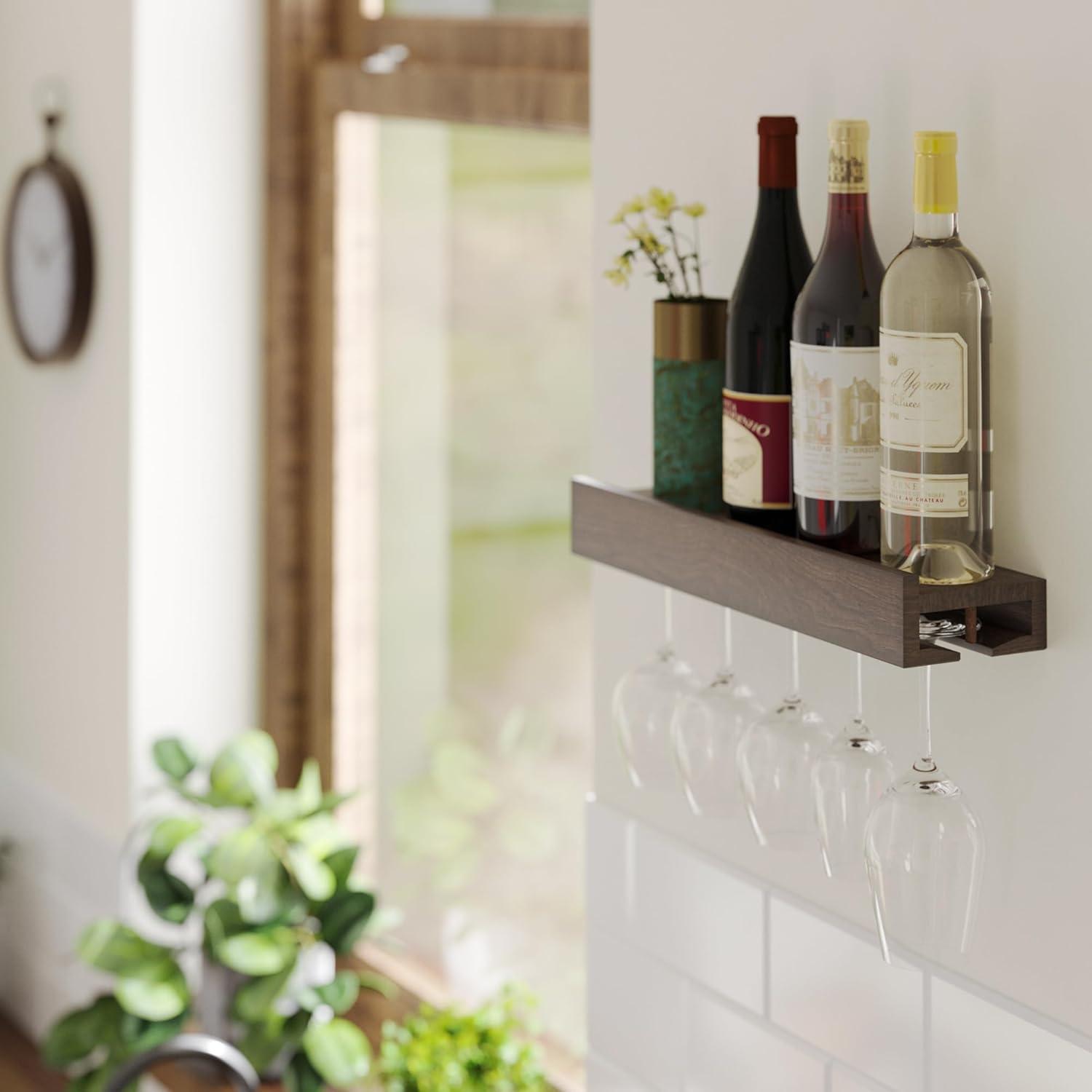 Rustic State Smith Wall Mounted Wood Floating Wine Bottle Rack with Glassware Holder Stemware Shelf Storage Organizer - Home, Kitchen, Dining Room Bar Décor - Walnut