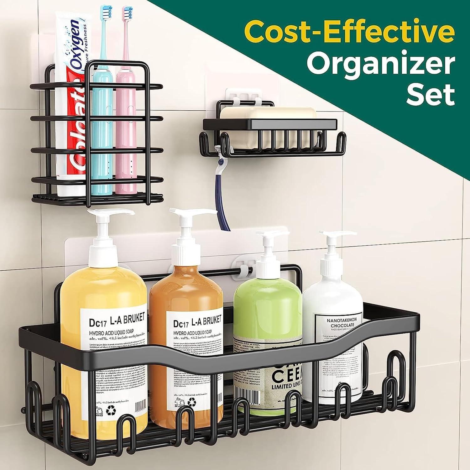 5Pack Shower Caddy Shelf Organizer with Soap Holder, Stainless Steel Bathroom Shelves Basket with Adhesives/Screws, Hooks, Storage Rack for Kitchen Black