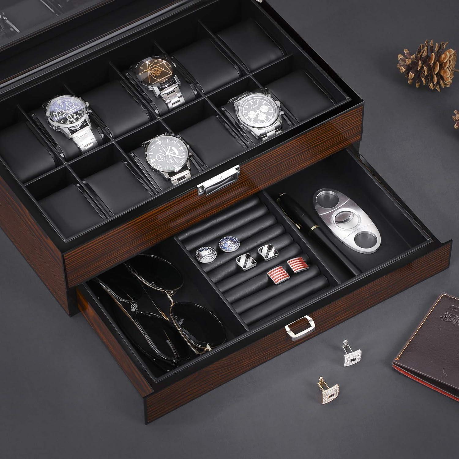 12 Watch Box With Valet Drawer, Luxury Watch Case,Watch Organizer Accessories With Real Glass Top,Metal Hinge, Brown