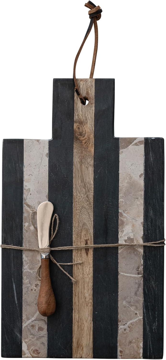 Striped Black and Beige Marble Rectangular Cheese Board Set with Knife