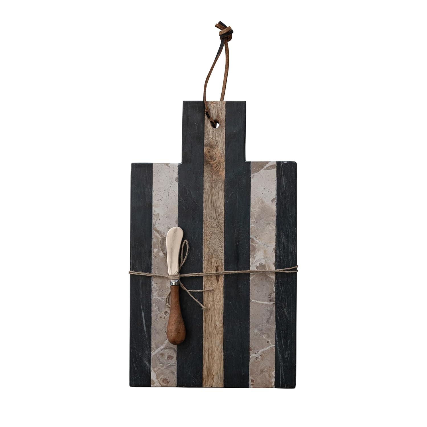 Striped Black and Beige Marble Rectangular Cheese Board Set with Knife