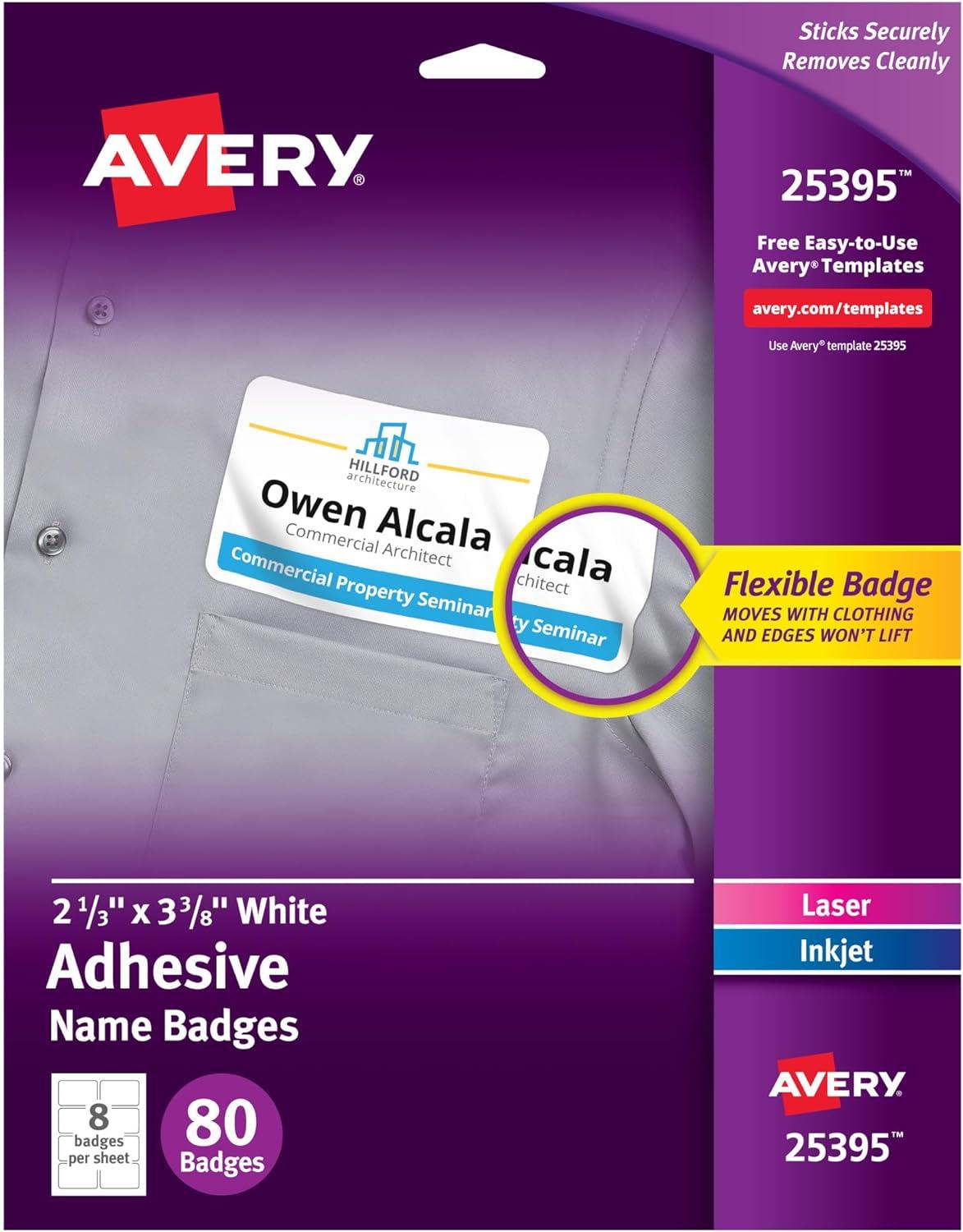 Avery Name Badge Labels, 2-1/3" x 3-3/8", Film, White, Adhesive, Laser/Inkjet, 80 Badges (25395)