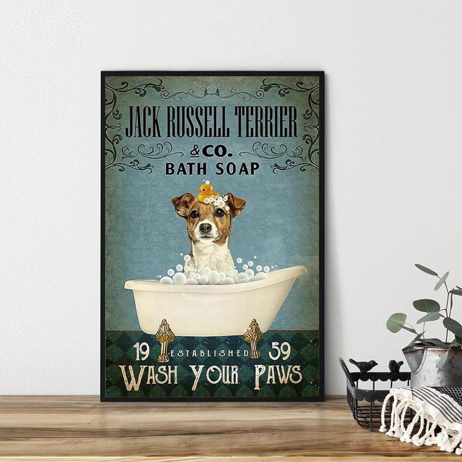 HOUVSSEN Jack Russell Terrier & Co Bath Soap Wash Your Paws Poster No Frame Jack Russell Terrier Poster Vintage Poster Bathroom Wall Classroom Chart Metal Tin Sign School Metal Tin Signs 8x12 Inch