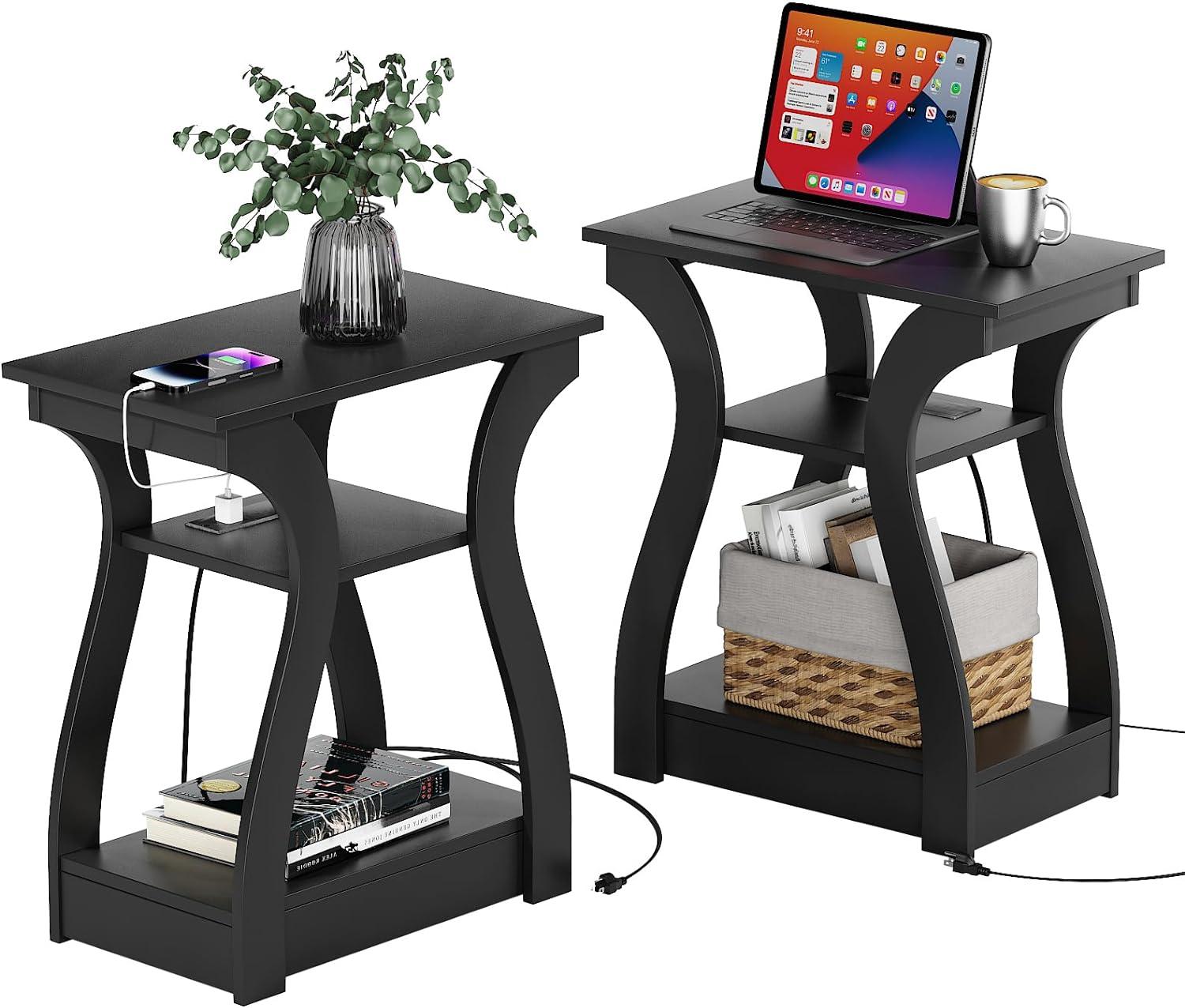 Black Wood End Table Set with Charging Station and Storage