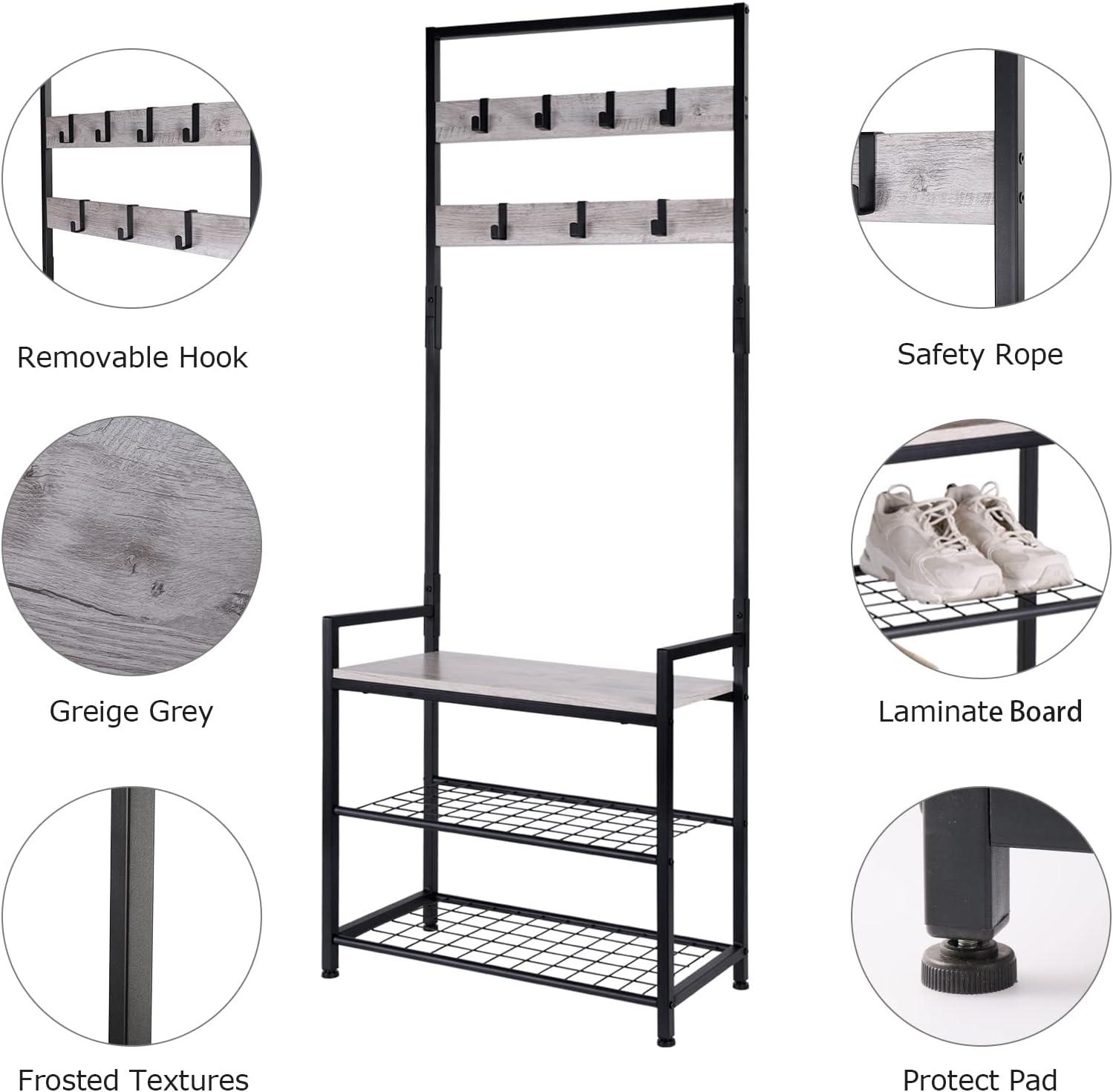 Greige and Black Hall Tree with Storage Bench and Hooks