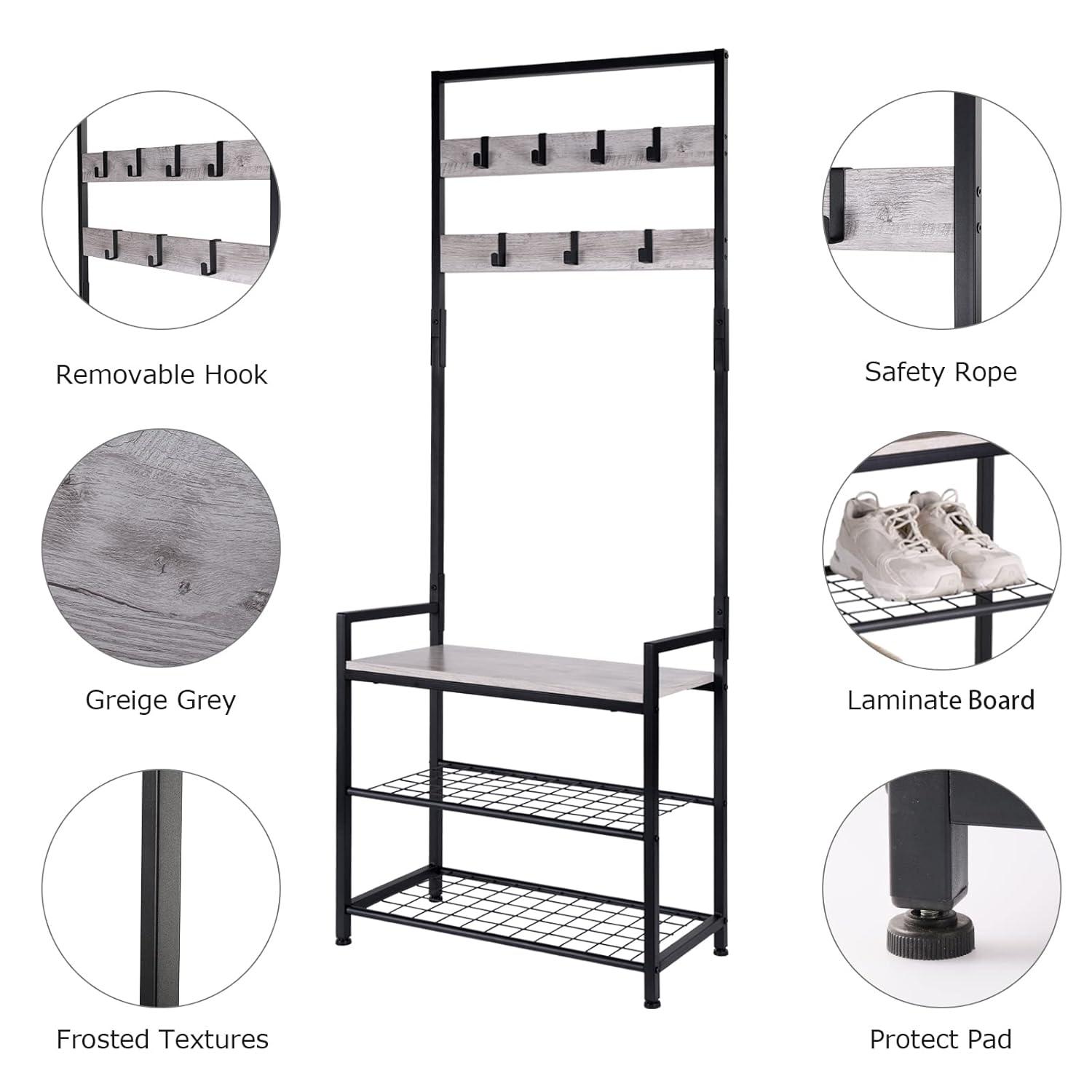 HOMEKOKO Coat Rack Shoe Bench, Hall Tree Entryway Storage Bench, Wood Look Accent Furniture with Metal Frame, 3-in-1 Design