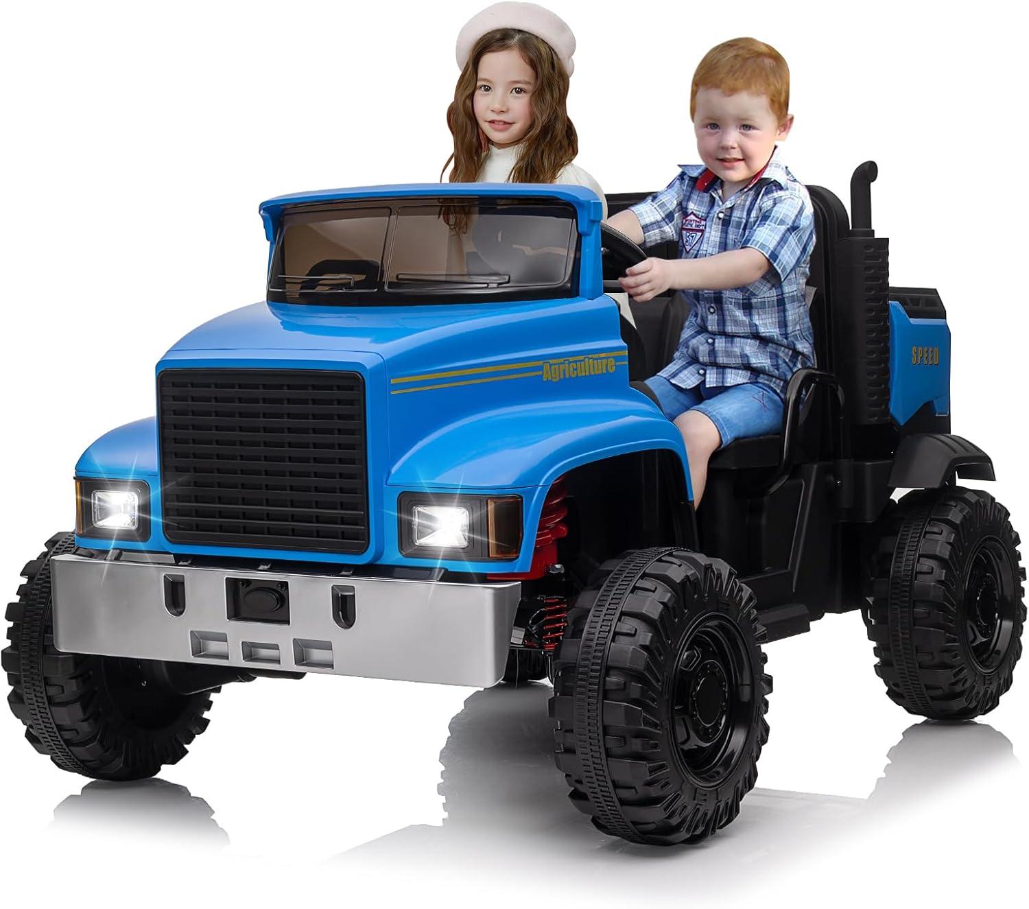 Blue 24V Kids Ride-On Tractor with Remote Control and Dump Bed