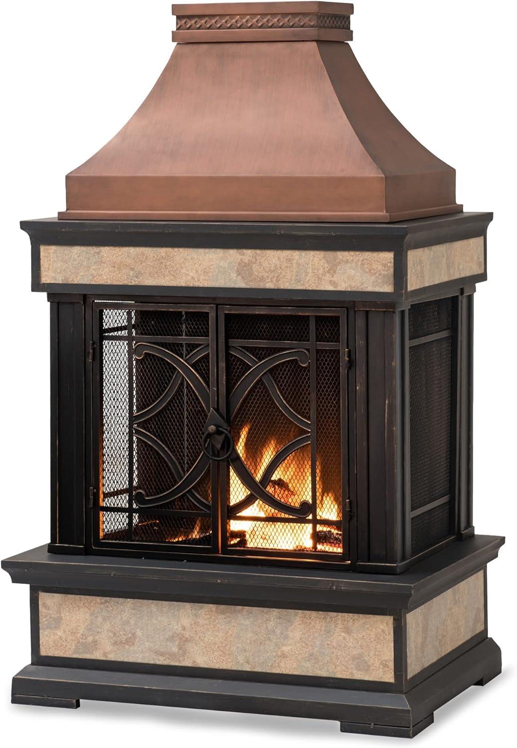 Copper and Yellow Tile Outdoor Wood Burning Fireplace