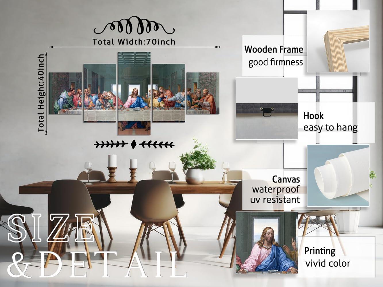 YOUHONG 5 Piece Classic Jesus Wall Art Modern The Last Supper Famous Oil Painting by Da Vinci Reproduction Canvas Giclee Artwork Stretched Ready to Hang for Home Decor (70''W x 40''H)