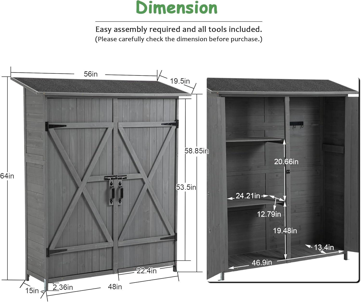 Gray Wooden Outdoor Storage Shed with Double Doors and Shelves