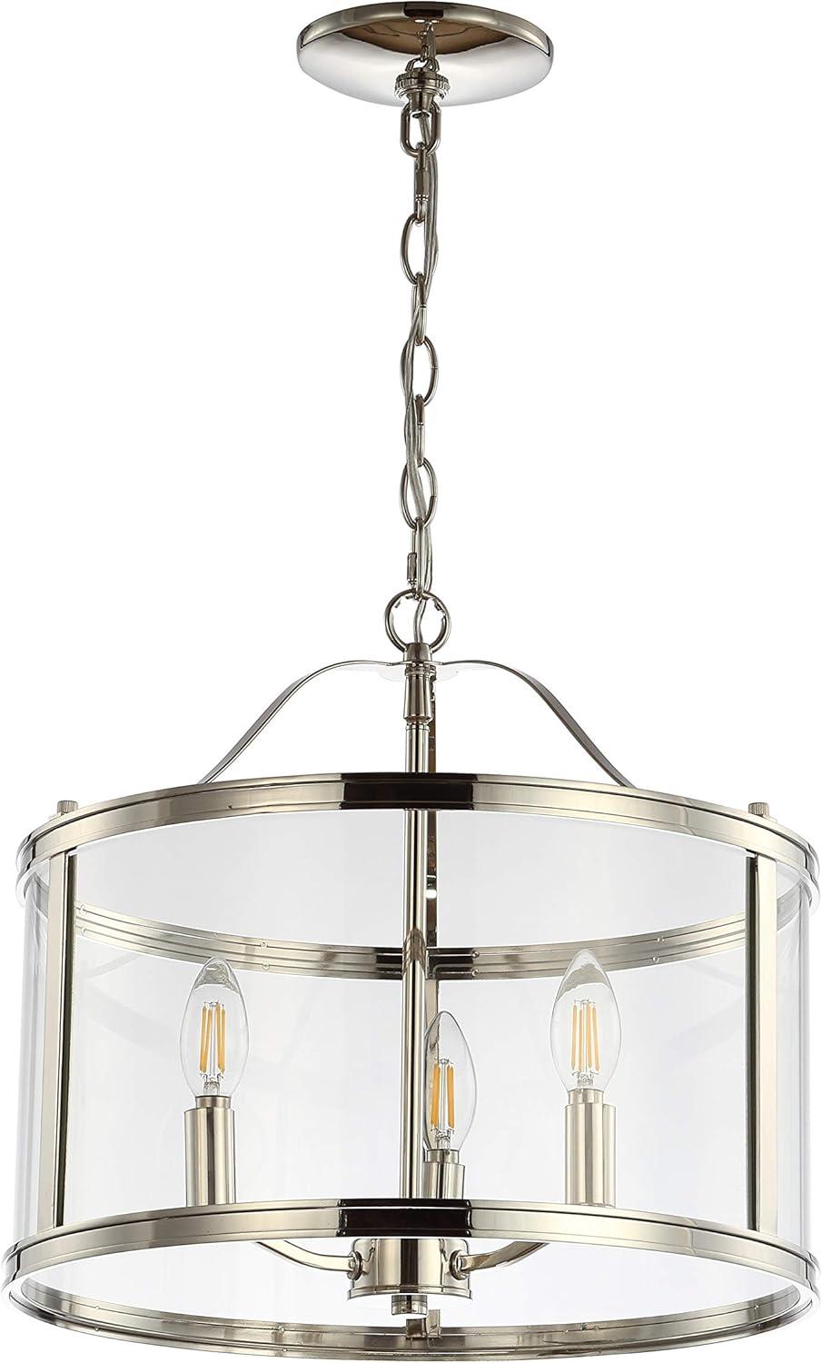 Shiny Nickel and Glass Drum Shade Chandelier