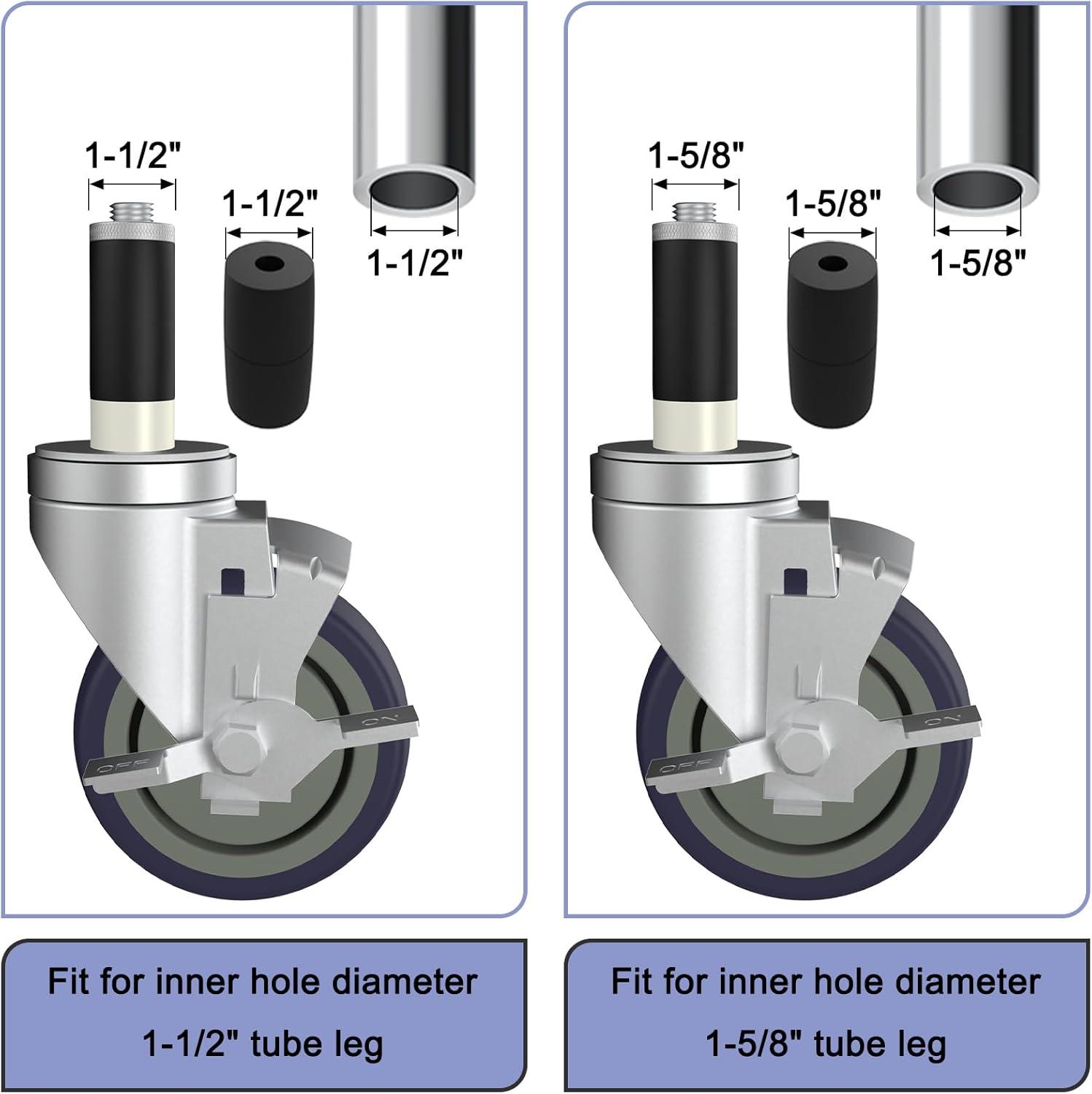 4 inch Prep Table Casters Set of 4 for Commercial Kitchen Prep Tables, Expanding Stem Caster Wheels for Table Legs All with Brake Fit 1-1/2" and 1-5/8" Inner Diameter Leg Tube Adapter Caster