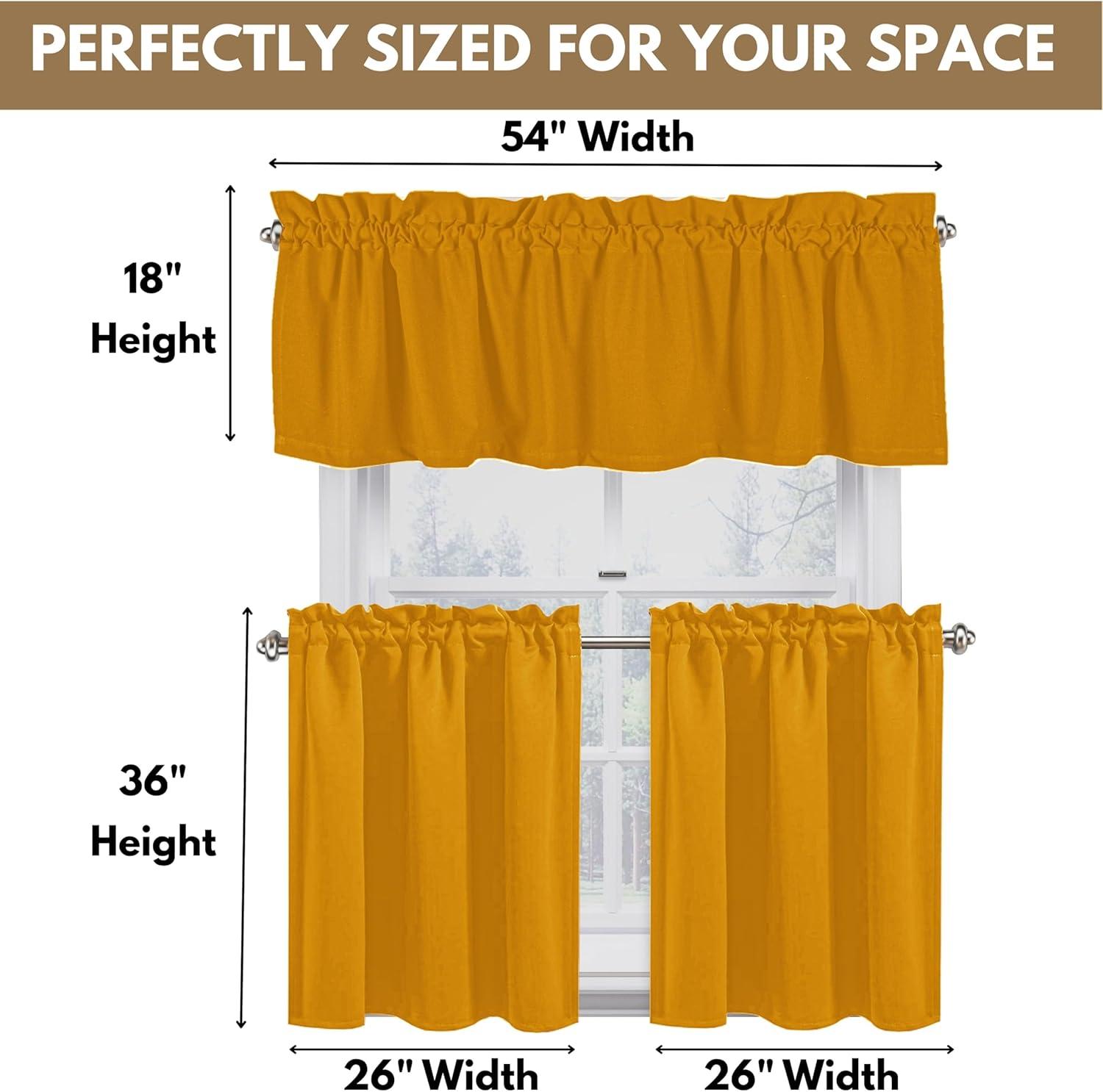 Native Fab 100% Cotton Kitchen Curtain Tiers Valance Set - Rod Pocket style 3 Pack - Mustard Yellow