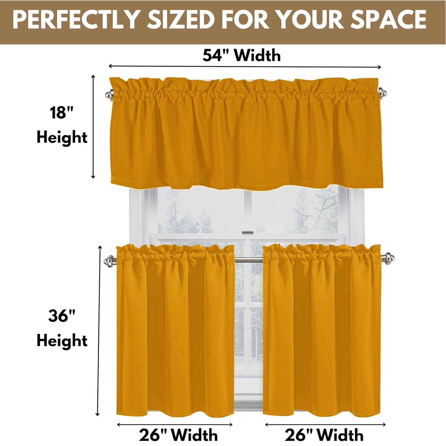 Native Fab 100% Cotton Kitchen Curtain Tiers Valance Set - Rod Pocket style 3 Pack - Mustard Yellow