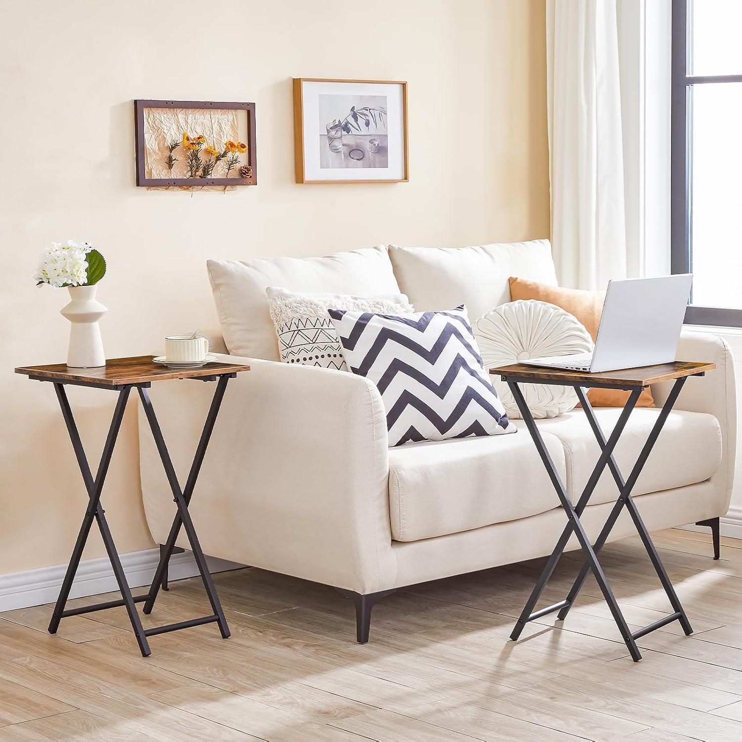 Rustic Brown and Black Folding TV Tray Table with Metal Frame