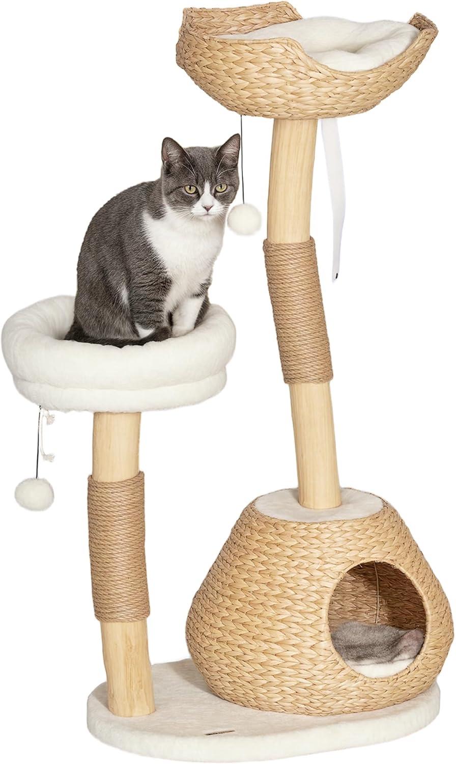 PawHut Cat Tree for Indoor Cats, 41" Cat Tower with Wooden Cat Scratching Posts, Cat Condo, Cat Beds & Toy Balls, Cream White