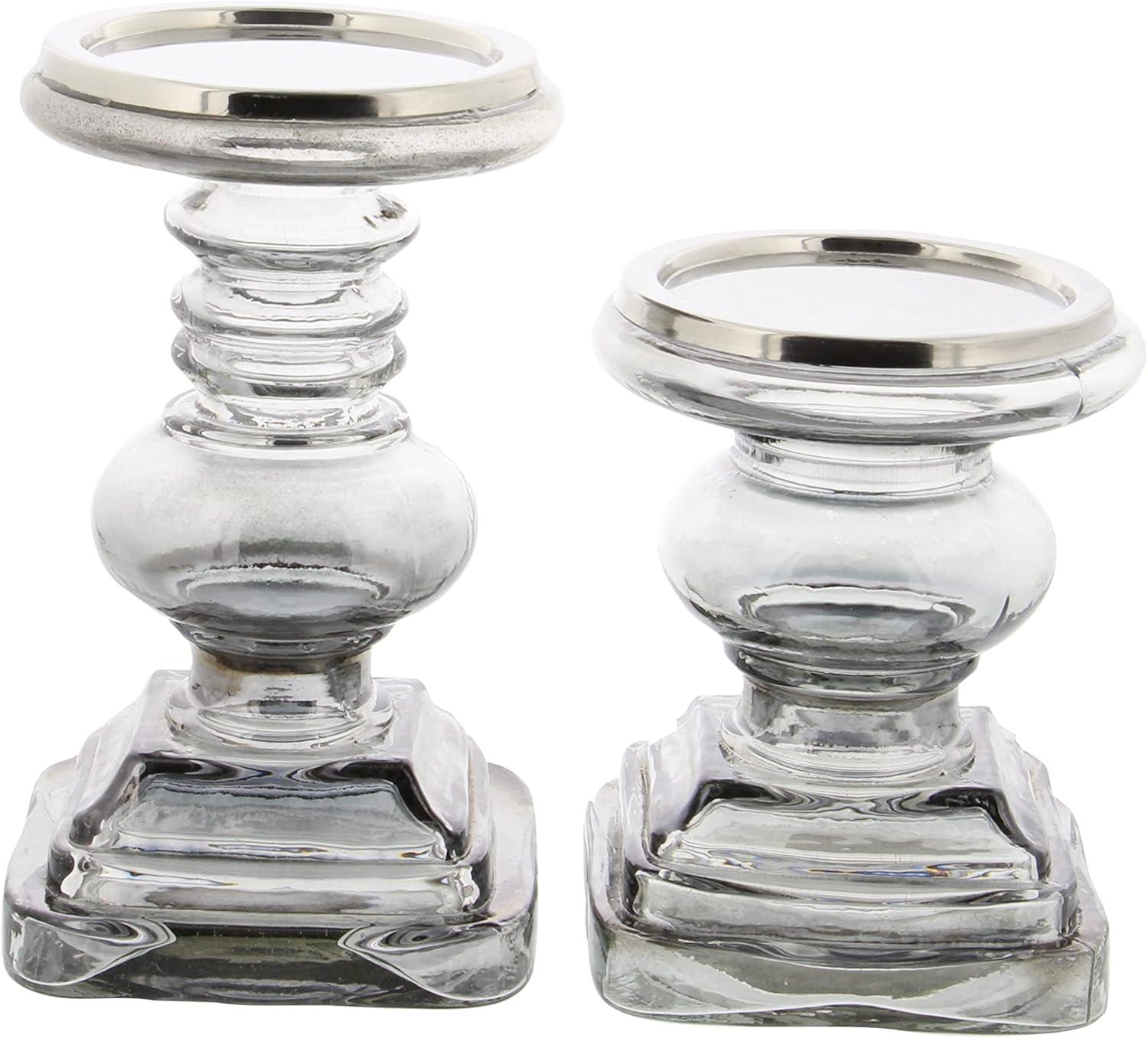 DecMode 2 Candle Silver Glass Handmade Turned Style Pillar Candle Holder, Set of 2