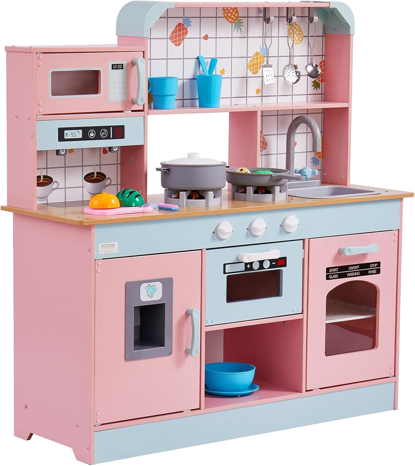 VEVOR Play Kitchen for Kids, Wooden Toy Kitchen Set with Lights and Sounds, Toddler Kitchen with Ice Maker, Oven, Sink, Microwaves, Fridge and Utensil and Fruit Accessory for Toddlers ages 3-8, Pink