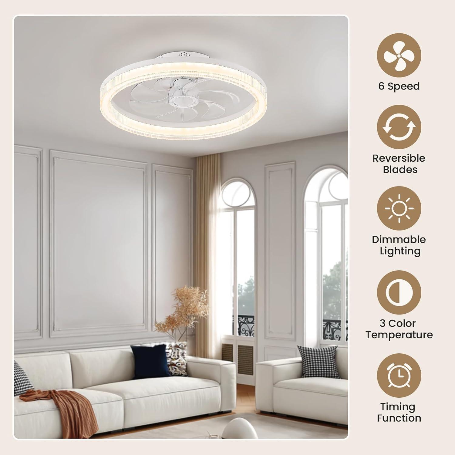 20" White Low Profile LED Ceiling Fan with Remote and App Control